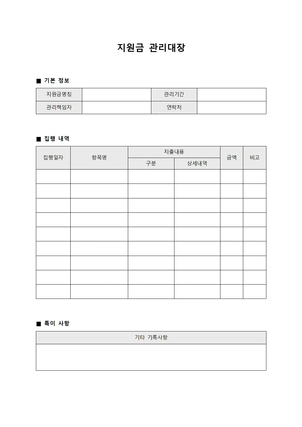 지원금 관리대장