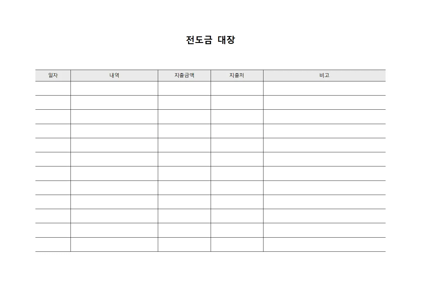 전도금 대장 양식문서