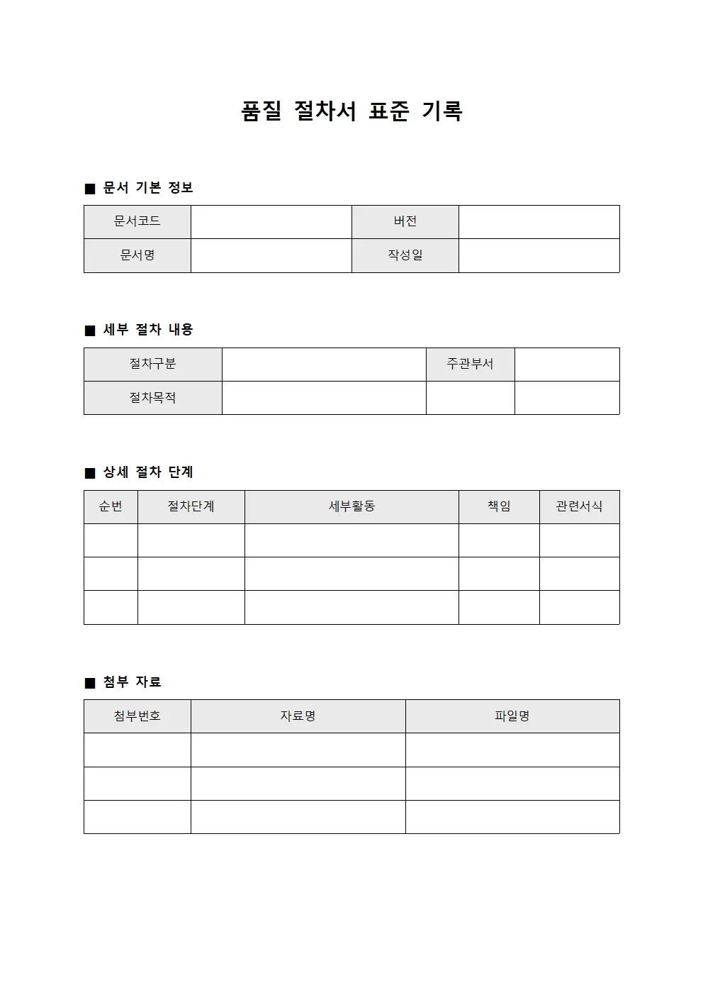 품질 절차서 표준 기록