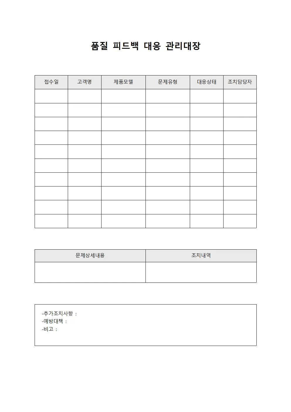 품질 피드백 대응 관리대장 양식문서