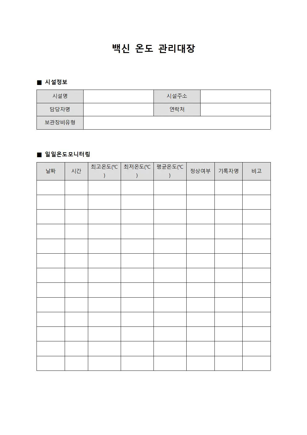 백신온도모니터링 관리대장
