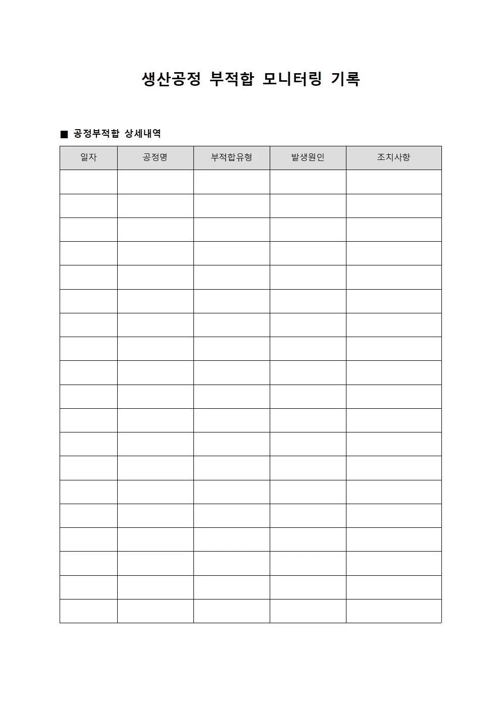 생산공정 부적합 모니터링 기록 서식
