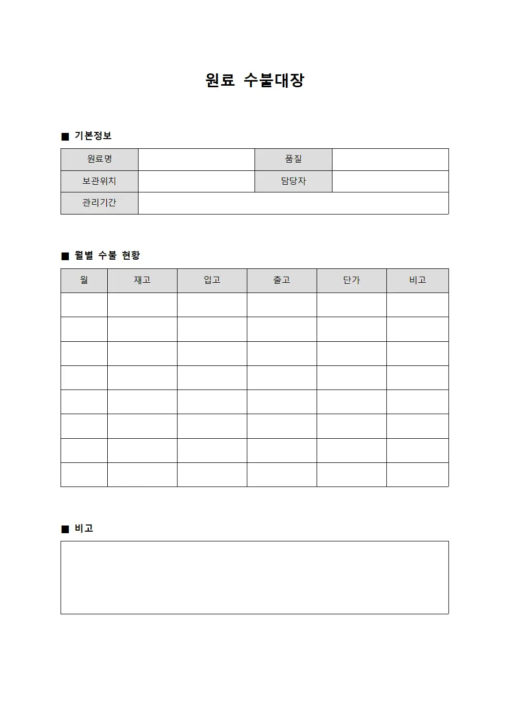 원료수불대장 (월별집계현황판)
