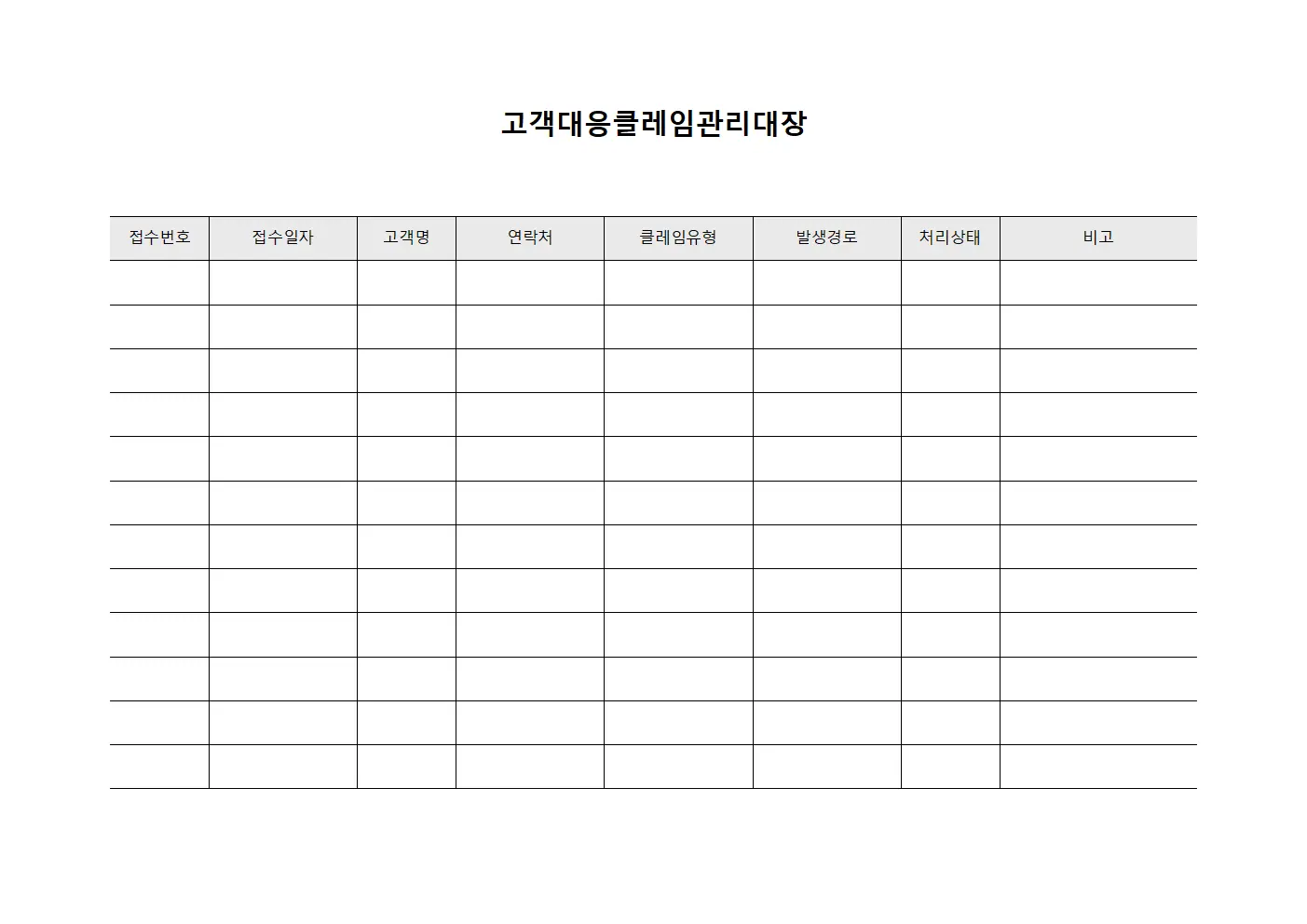 고객대응클레임관리대장 서식