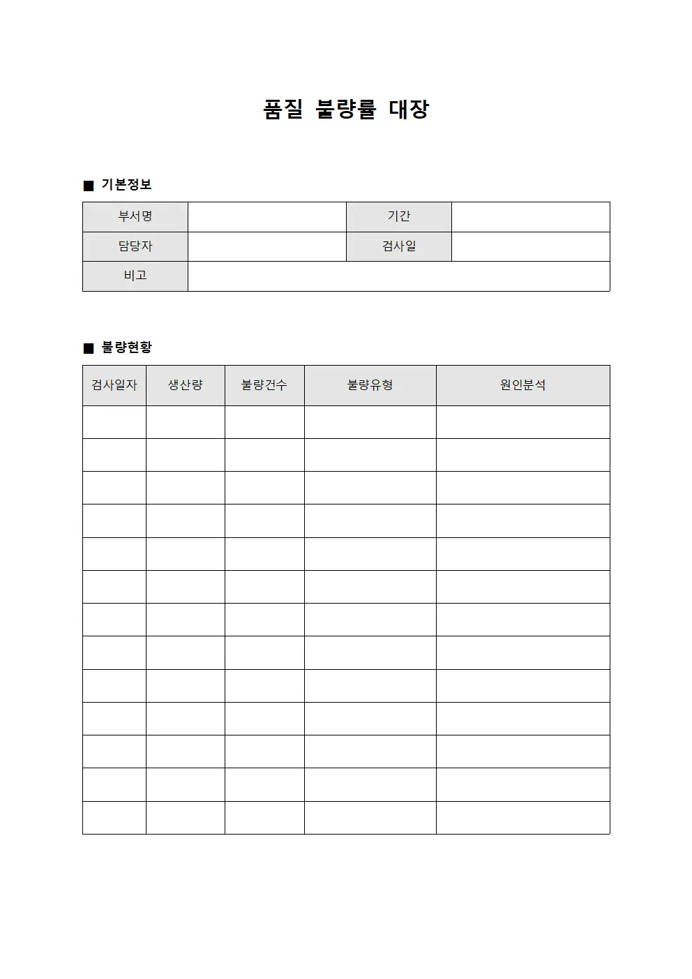 품질 불량률 대장 문서서식