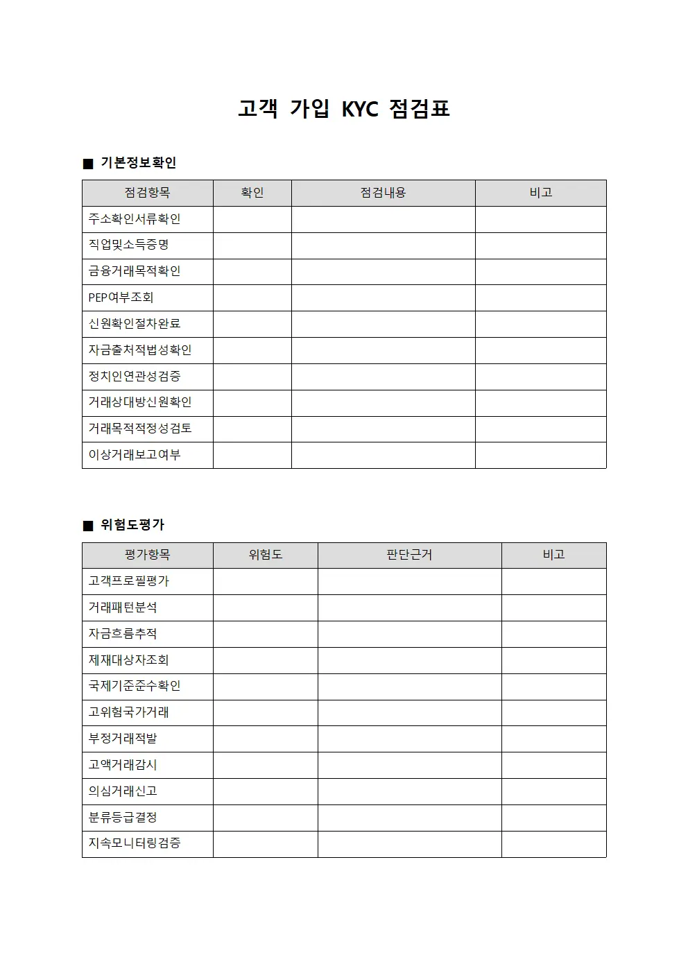 고객 가입 신원확인 점검표