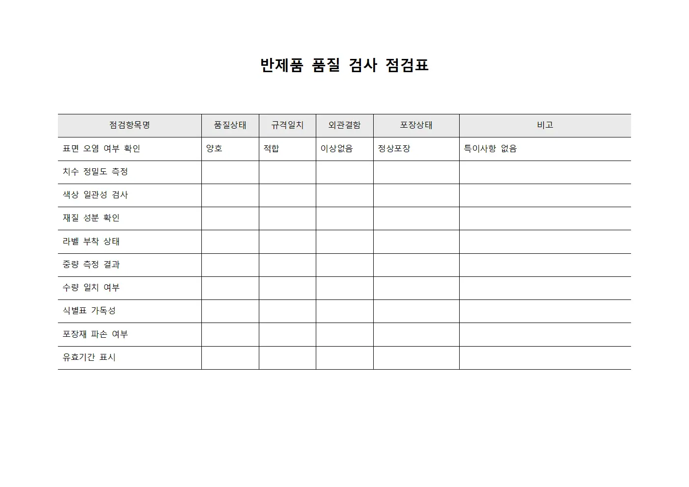 반제품 품질 검사 점검표