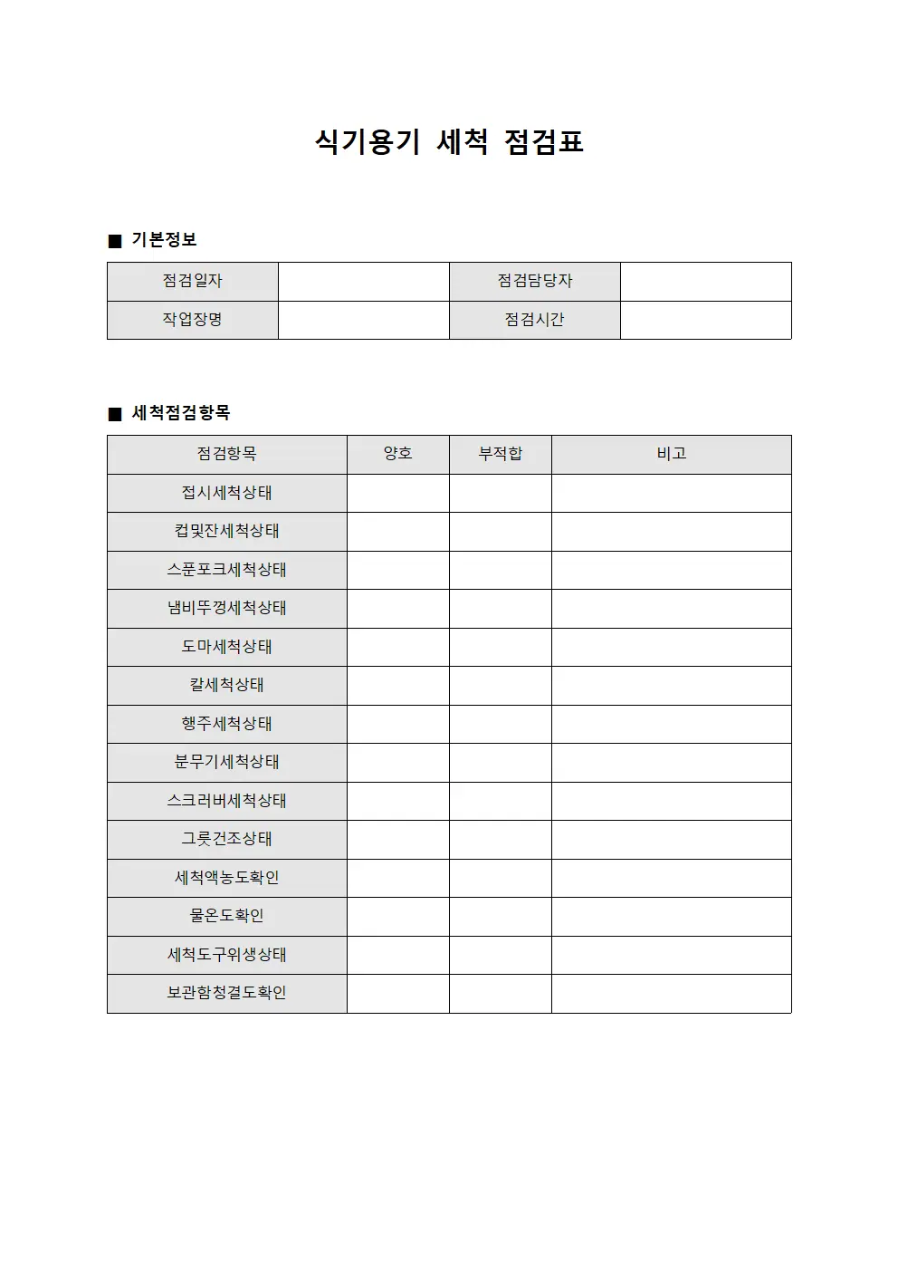 식기용기 세척 점검표