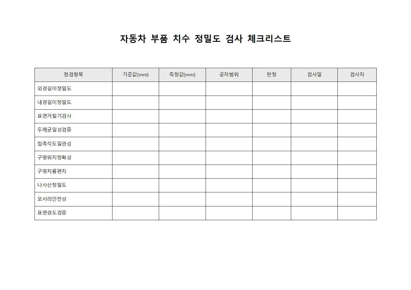 자동차 부품 치수 정밀도 검사 체크리스트