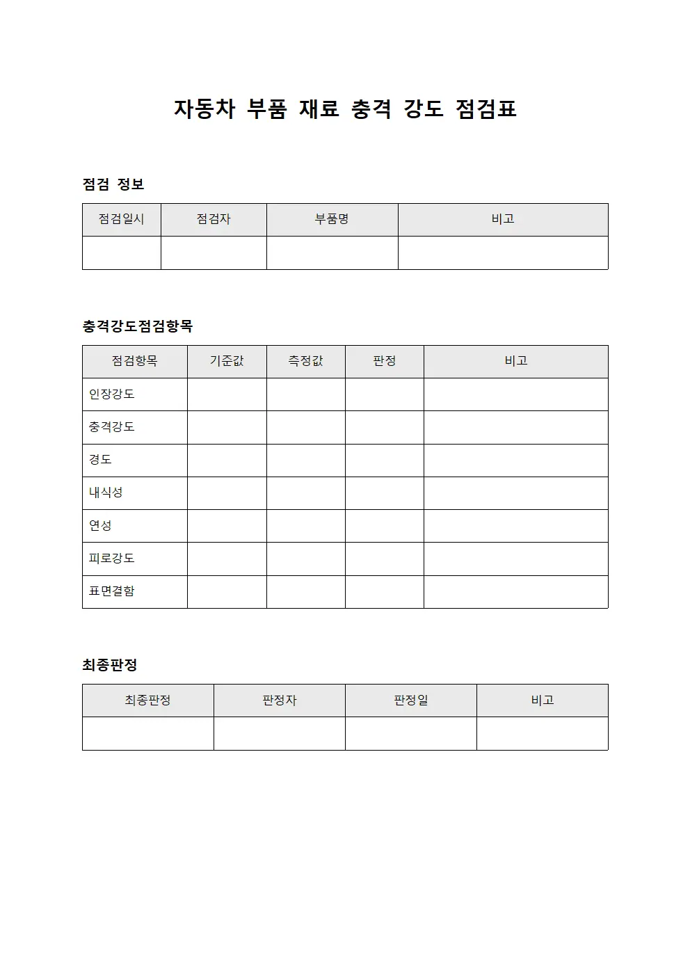 자동차 부품 재료 충격 강도 점검표