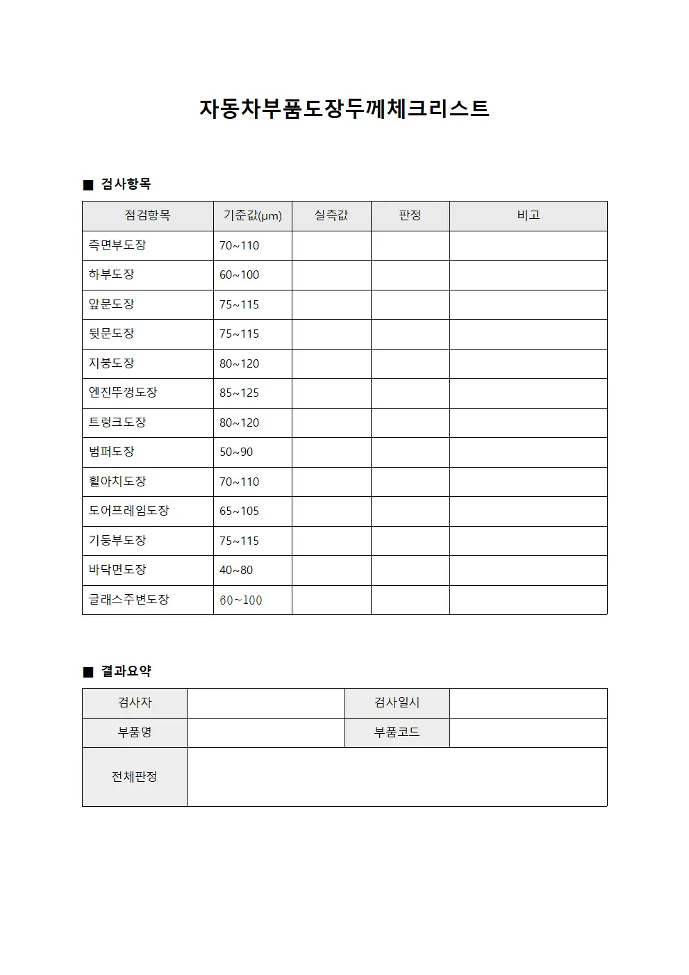 자동차부품도장두께체크리스트 서식파일