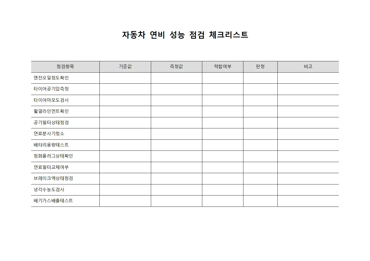 자동차 연비 성능 점검 체크리스트 템플릿