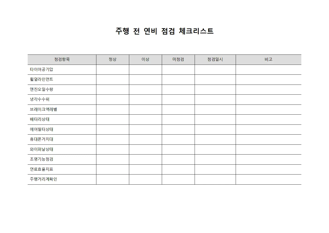 주행 전 연비 점검 체크리스트 문서양식