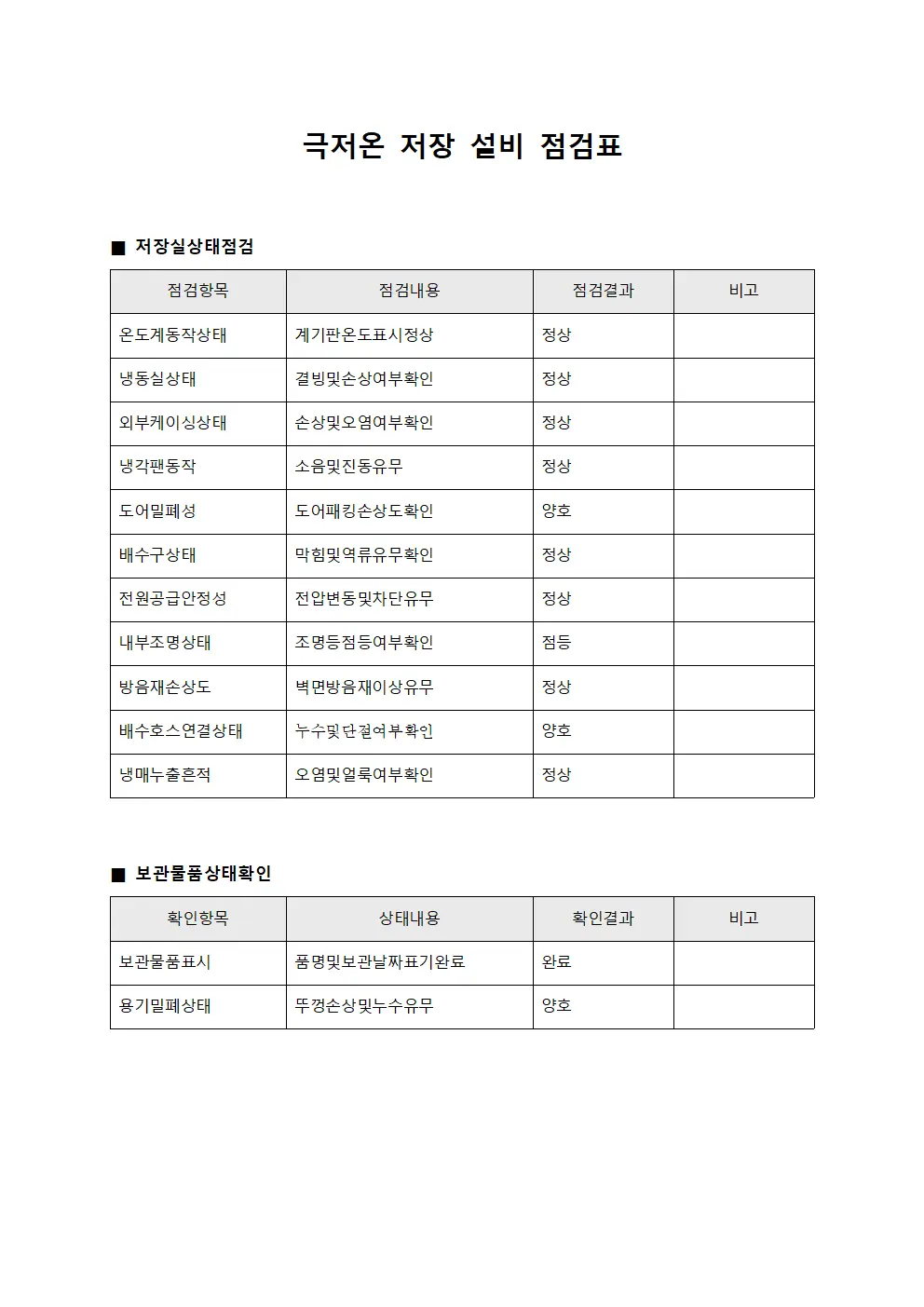 극저온 저장 설비 점검표 서식파일