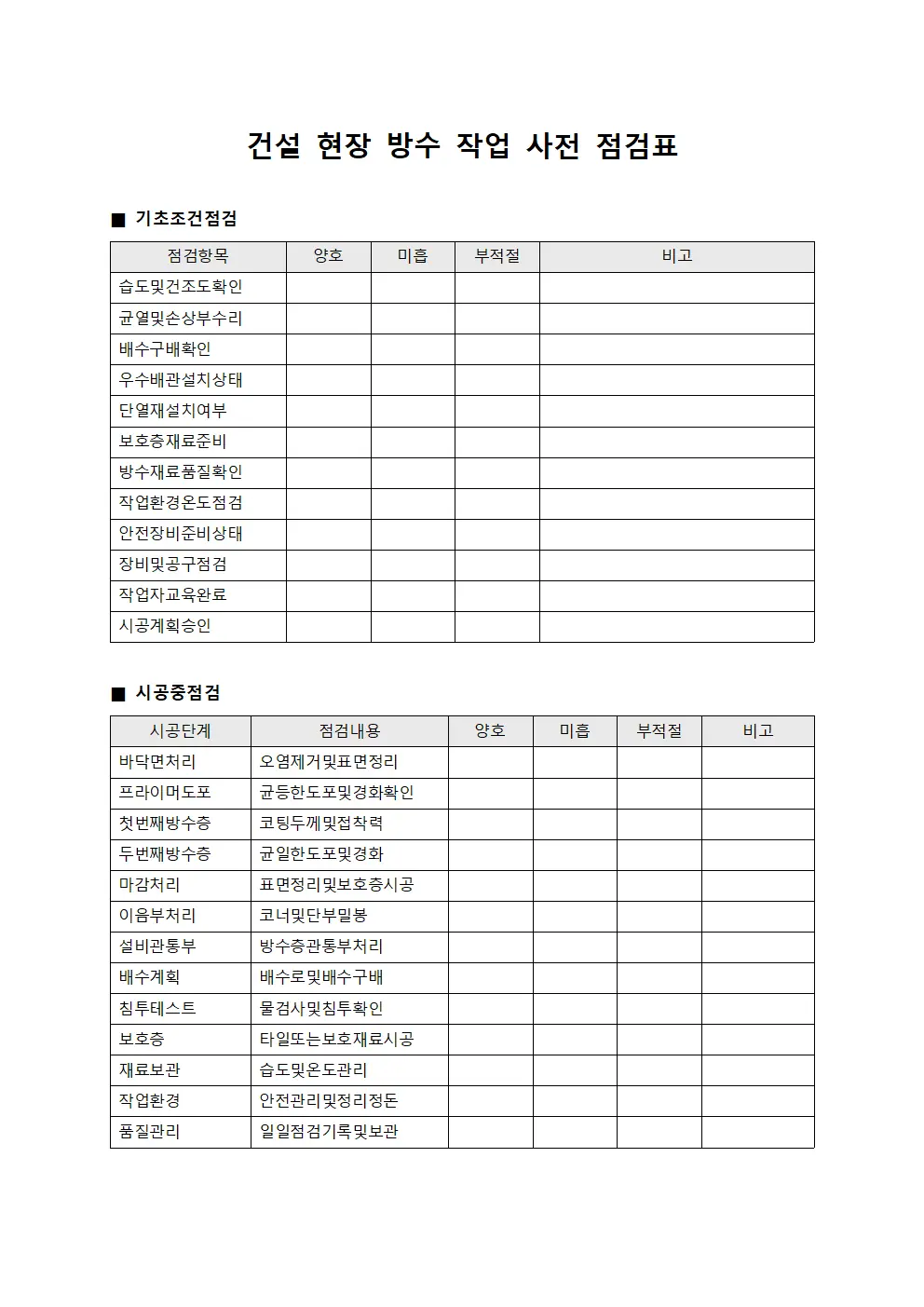 건설 현장 방수 작업 사전 점검표 템플릿