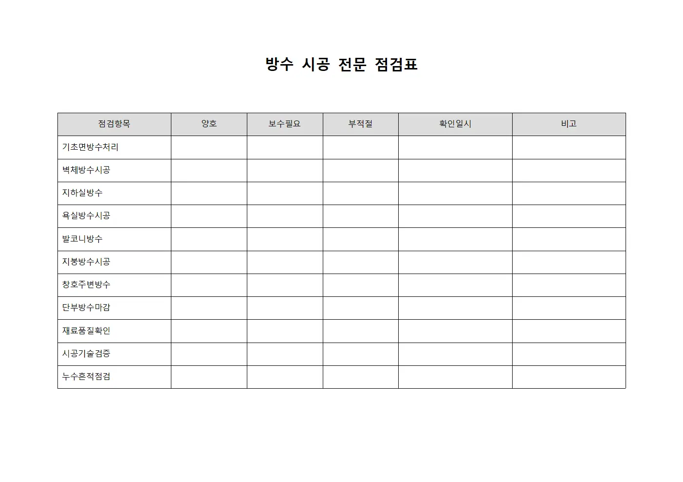 방수 시공 전문 점검표