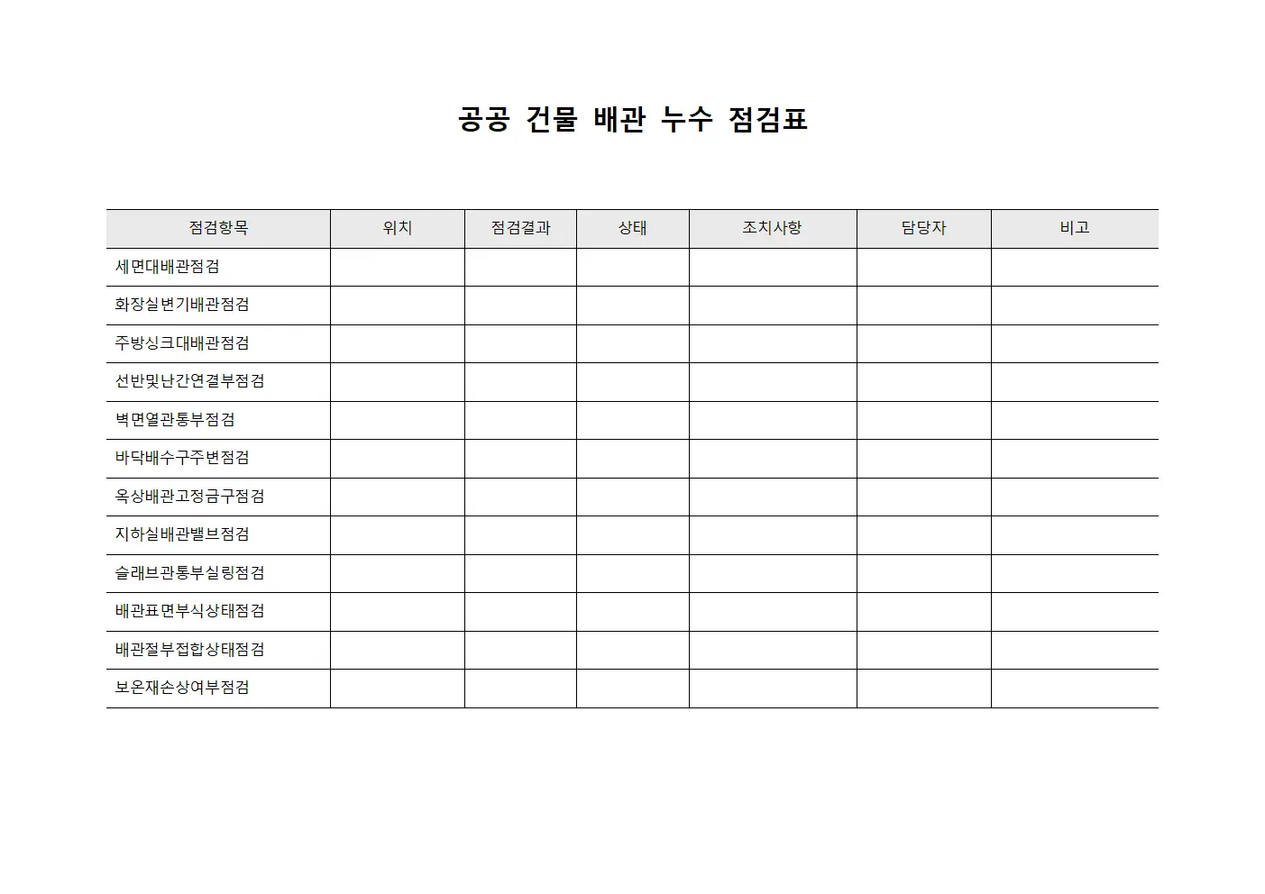 공공 건물 배관 누수 점검표 문서서식