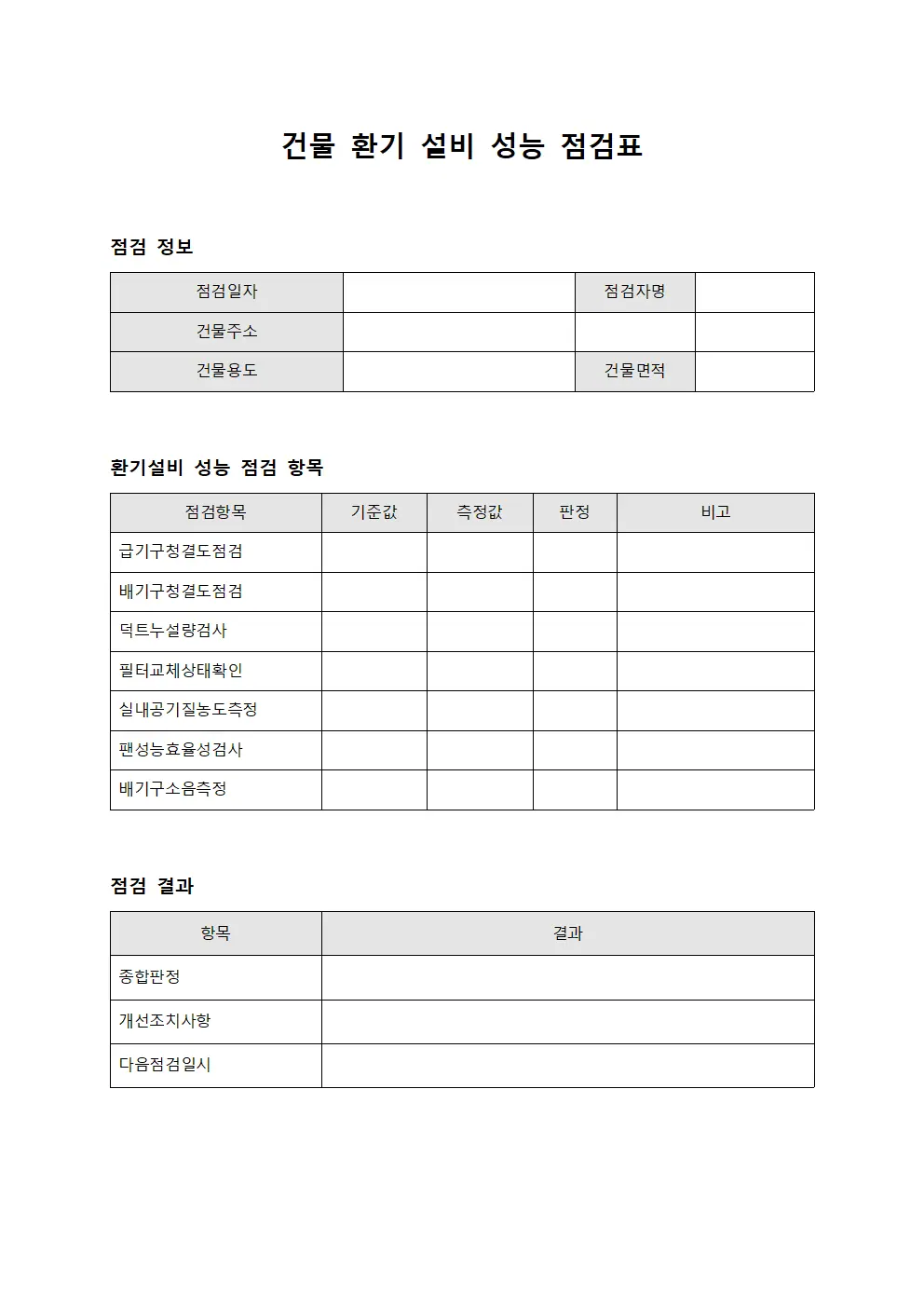건물 환기 설비 성능 점검표
