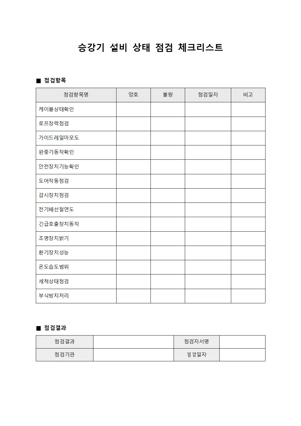 승강기 설비 상태 점검 체크리스트