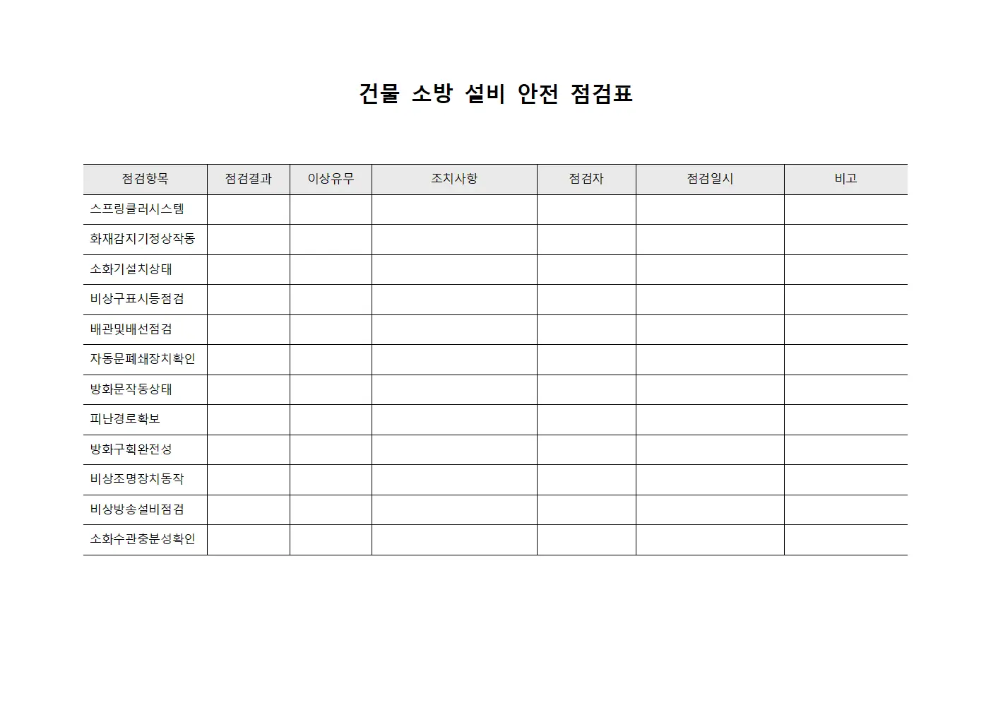 건물 소방 설비 안전 점검표 템플릿