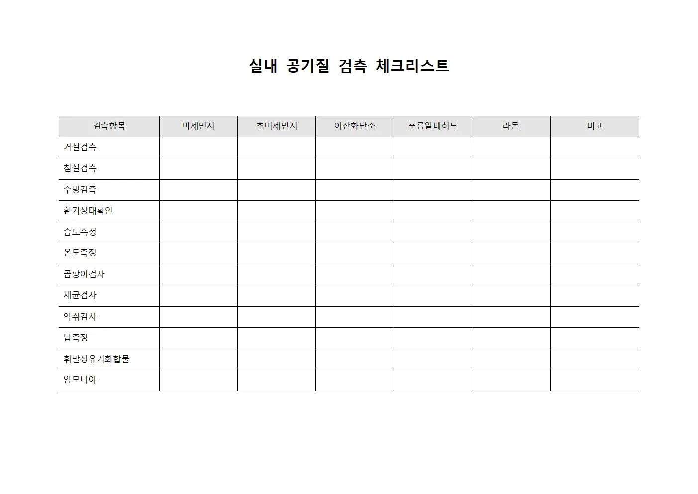 실내 공기질 검측 체크리스트 서식파일