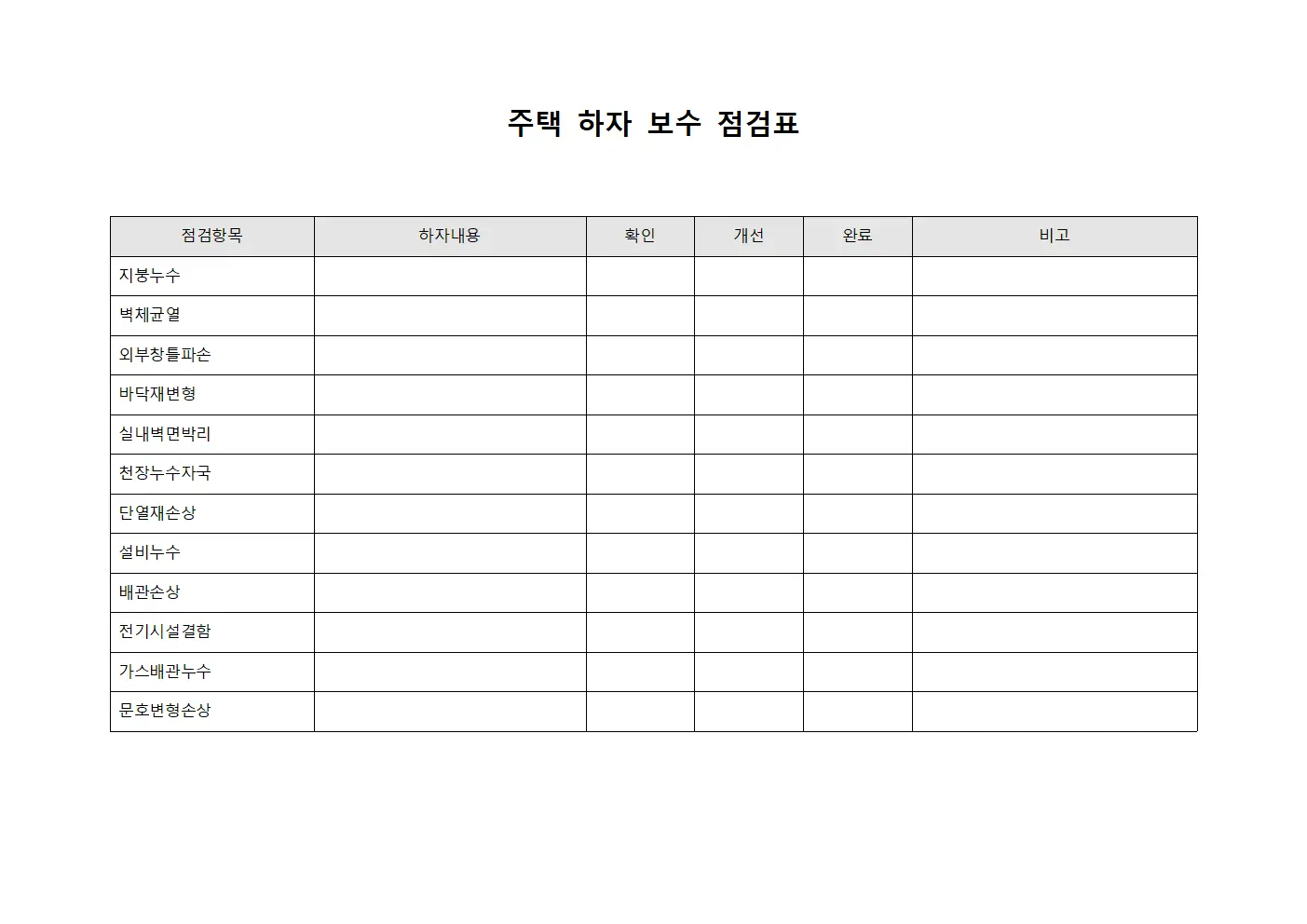 주택 하자 보수 점검표
