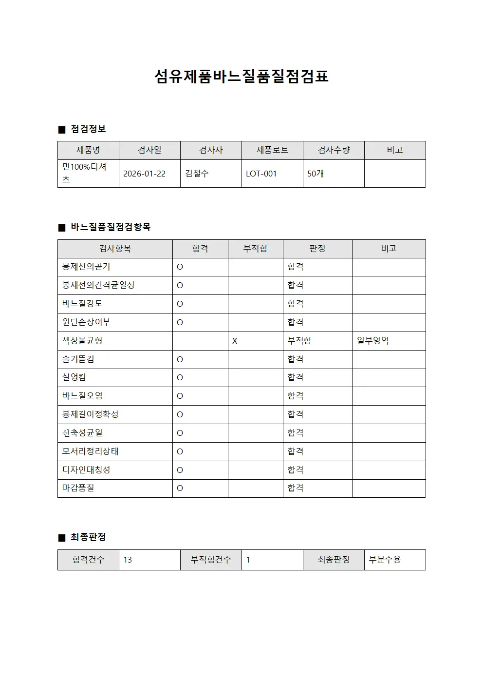 섬유제품바느질품질점검표 양식.서식
