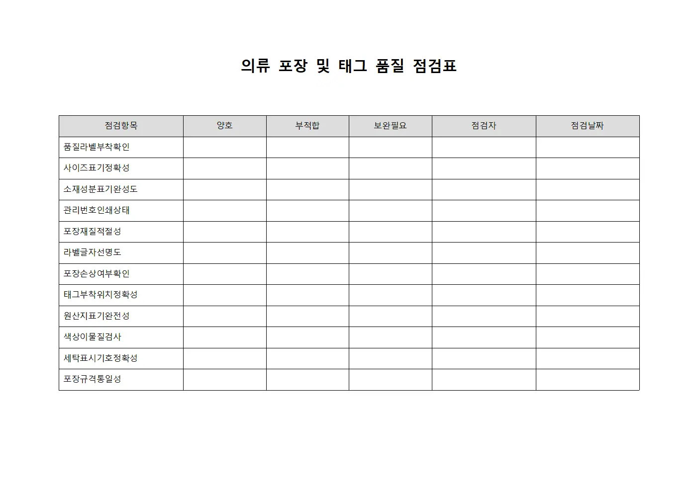 의류 포장 및 태그 품질 점검표
