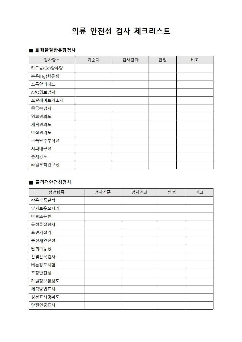 의류 안전성 검사 체크리스트 템플릿