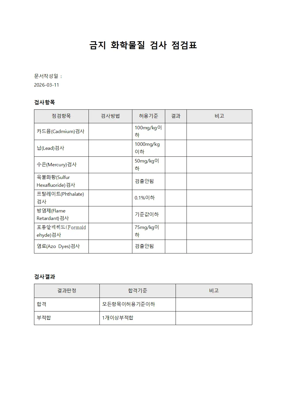 금지 화학물질 검사 점검표
