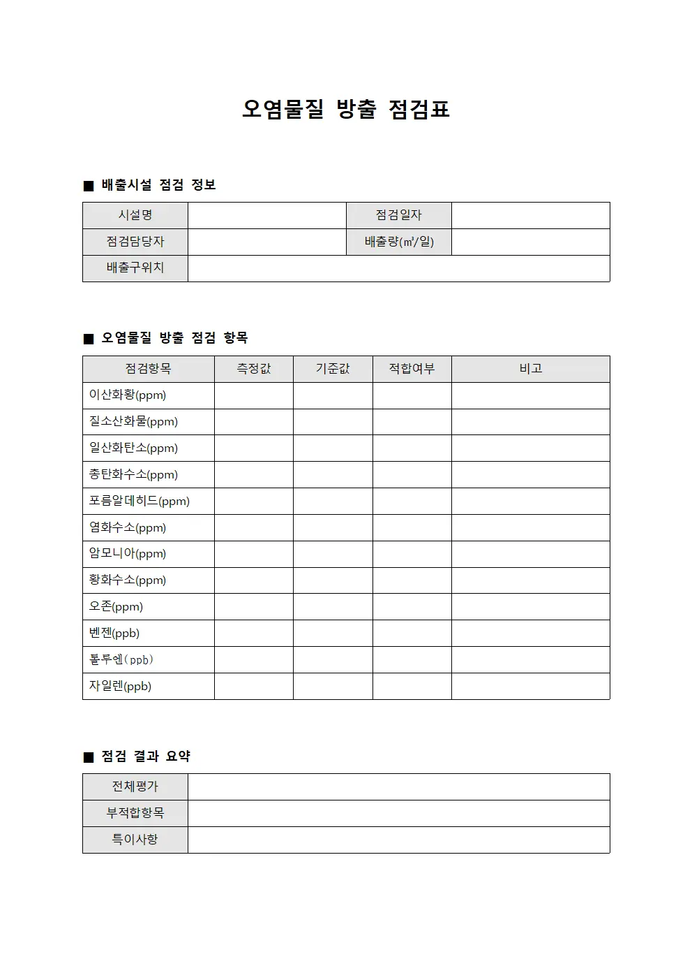 오염물질 방출 점검표 양식문서