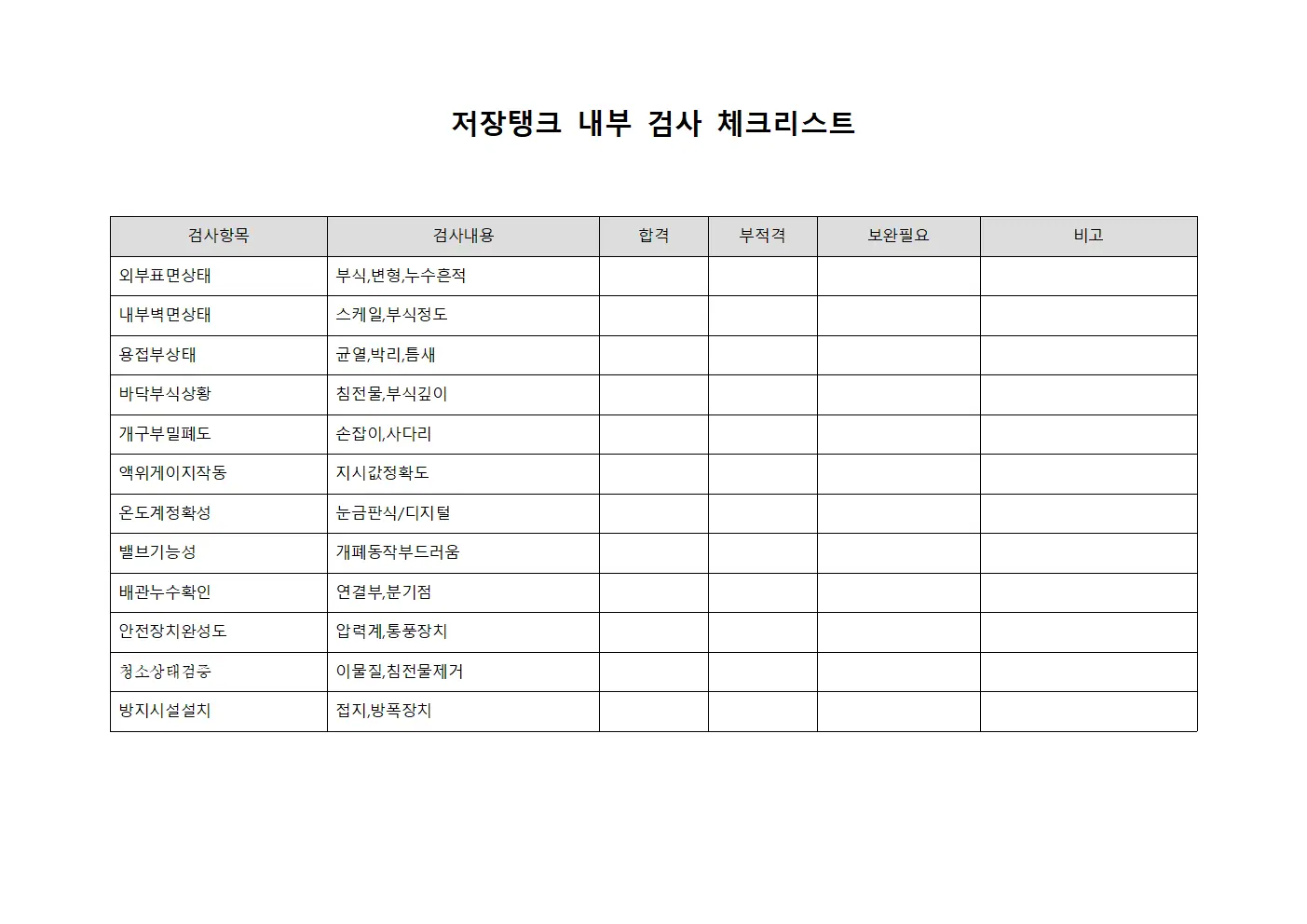저장탱크 내부 검사 체크리스트