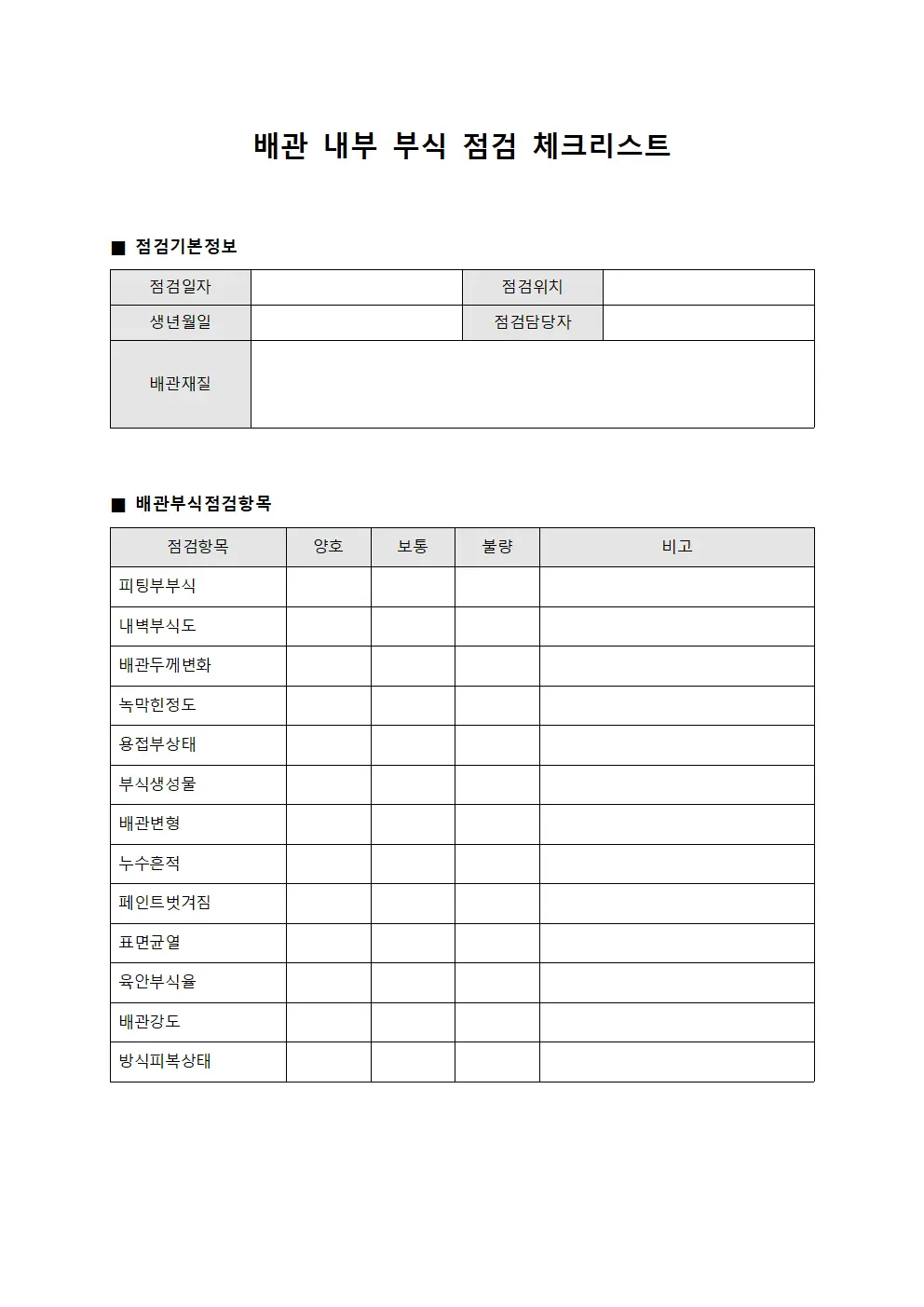 배관 내부 부식 점검 체크리스트