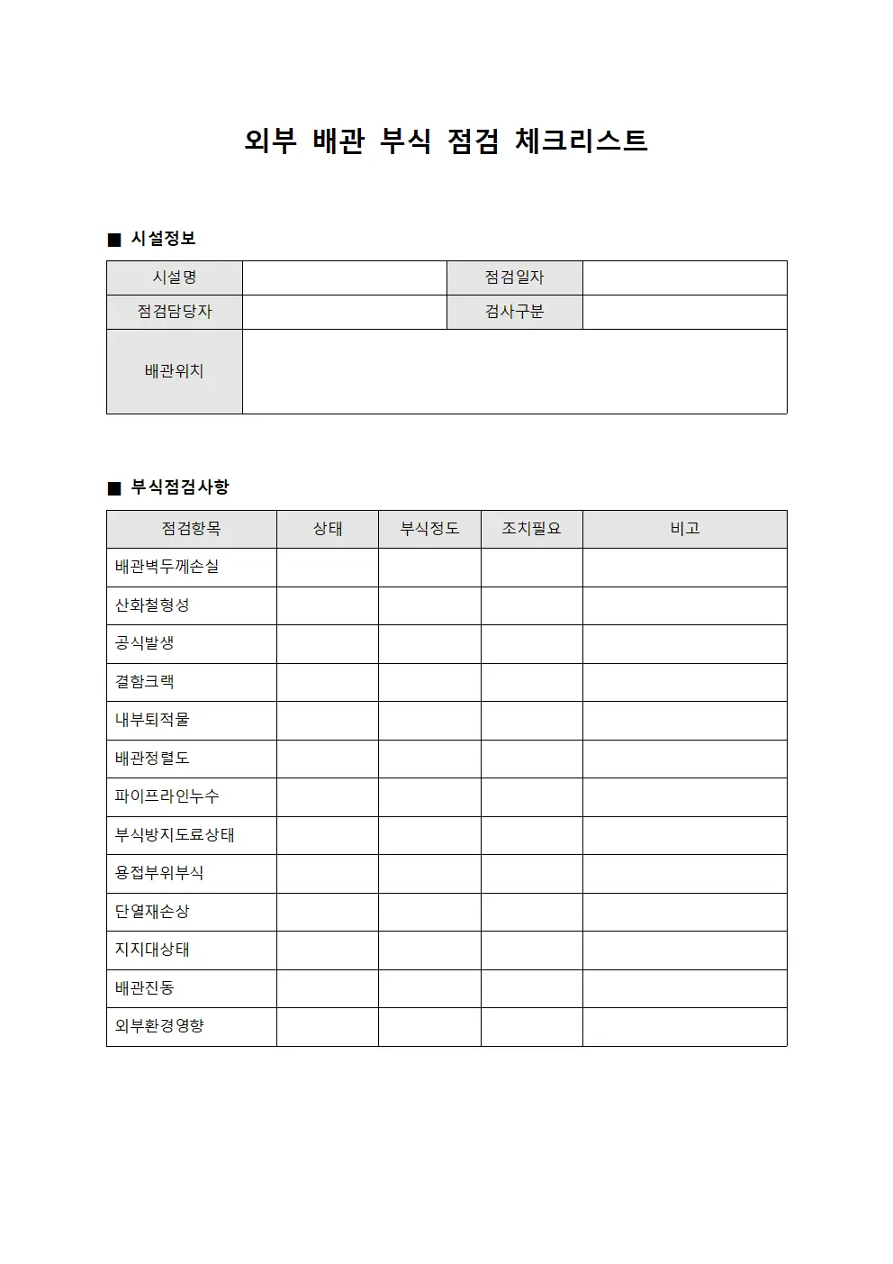 외부 배관 부식 점검 체크리스트