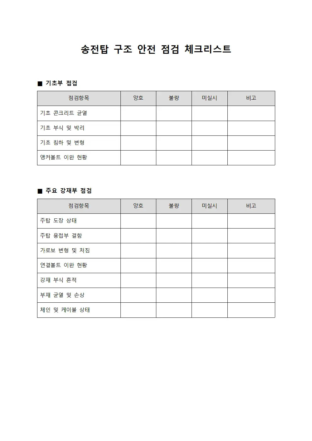송전탑 구조 안전 점검 체크리스트 문서양식