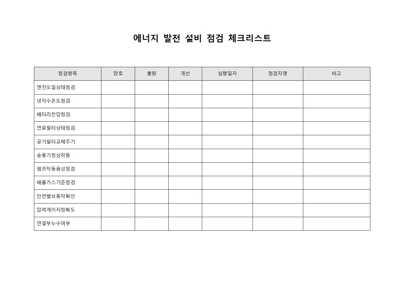 에너지 발전 설비 점검 체크리스트 템플릿 양식