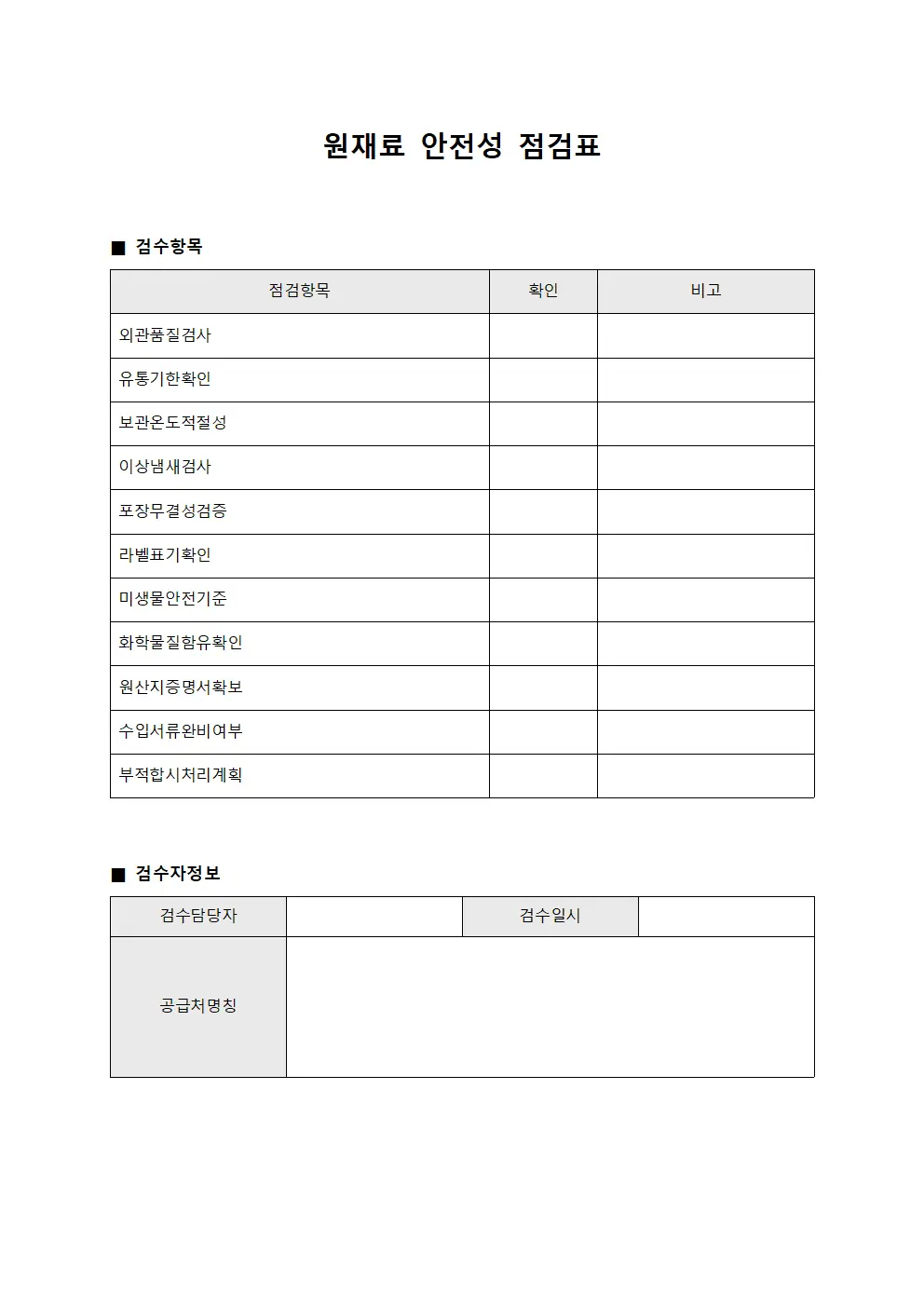 원재료 안전성 점검표