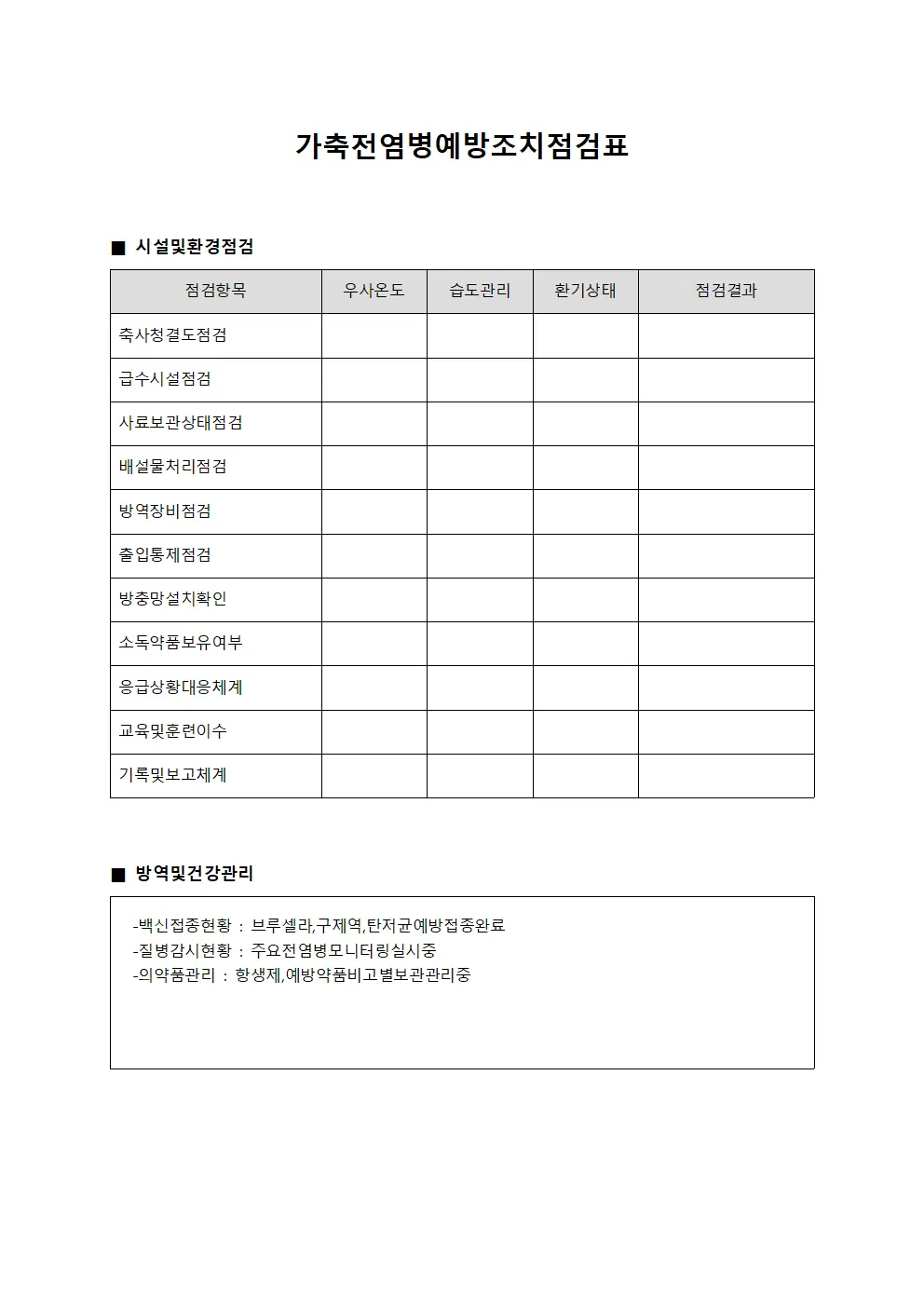 가축전염병예방조치점검표