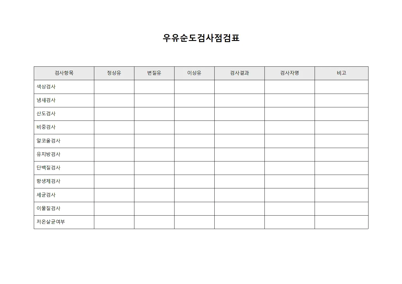 우유순도검사점검표 파일서식