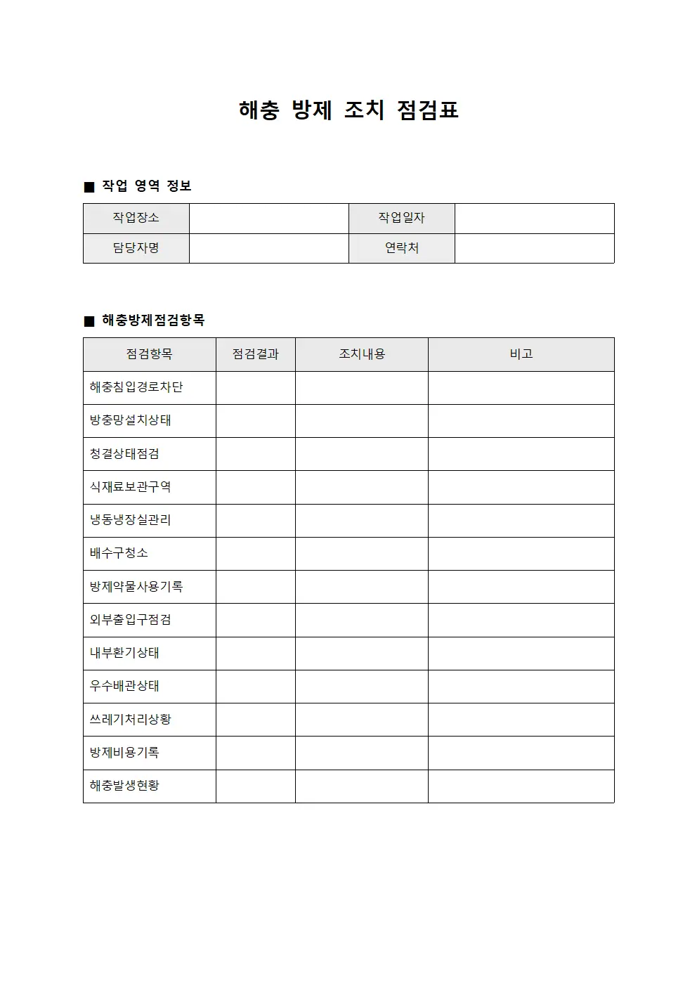 해충 방제 조치 점검표
