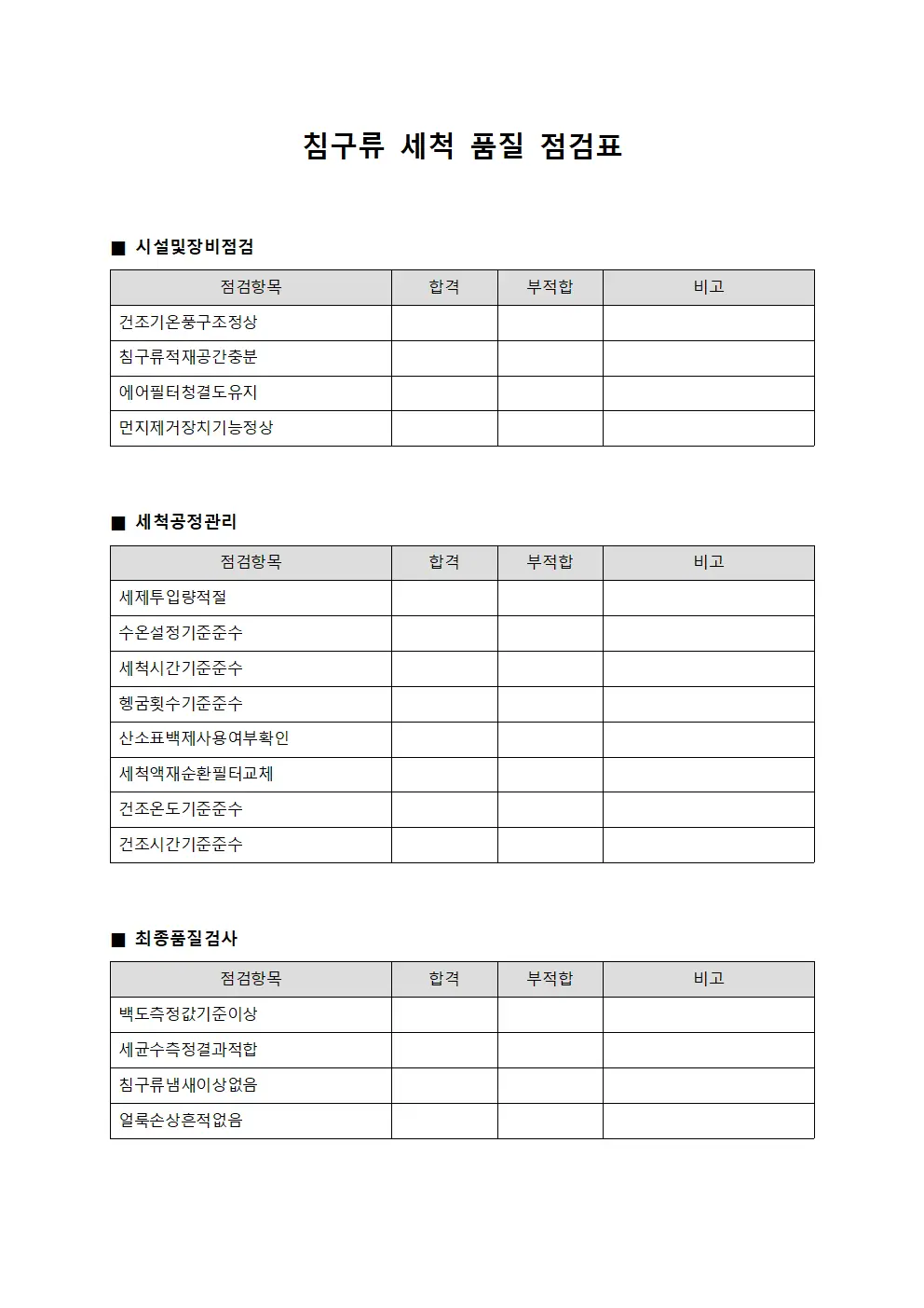 침구류 세척 품질 점검표