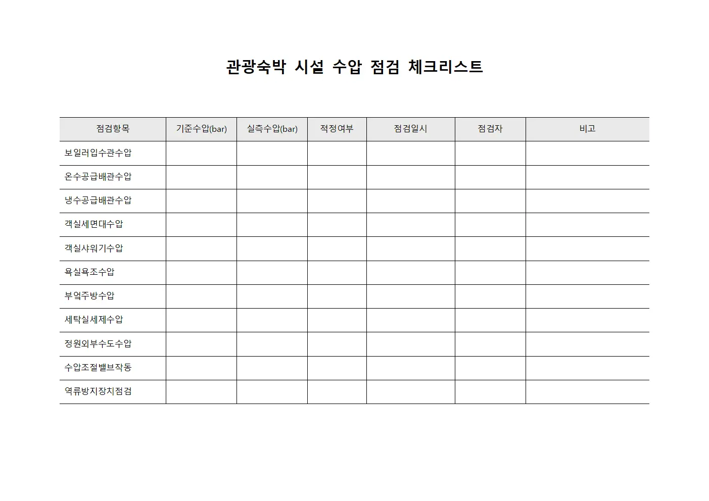 관광숙박 시설 수압 점검 체크리스트