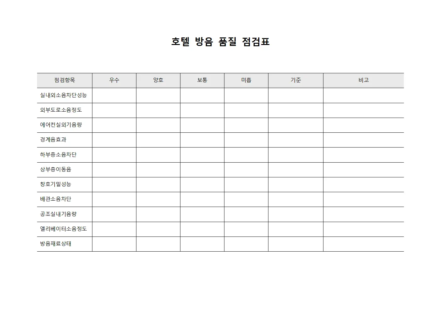 호텔 방음 품질 점검표 템플릿 서식