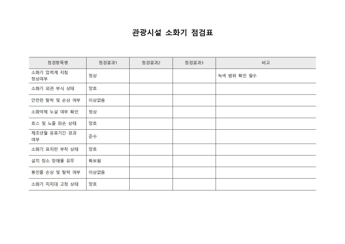 관광 시설 소화기 점검표