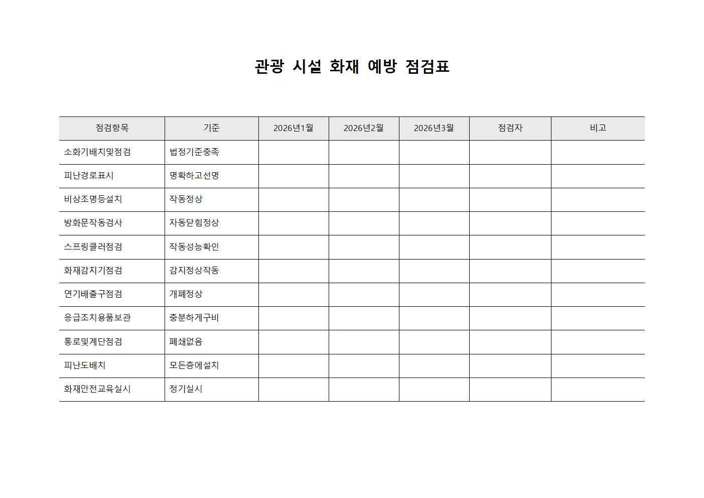 관광 시설 화재 예방 점검표