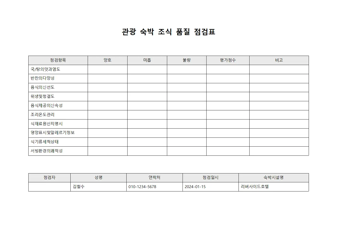 관광 숙박 조식 품질 점검표 서식