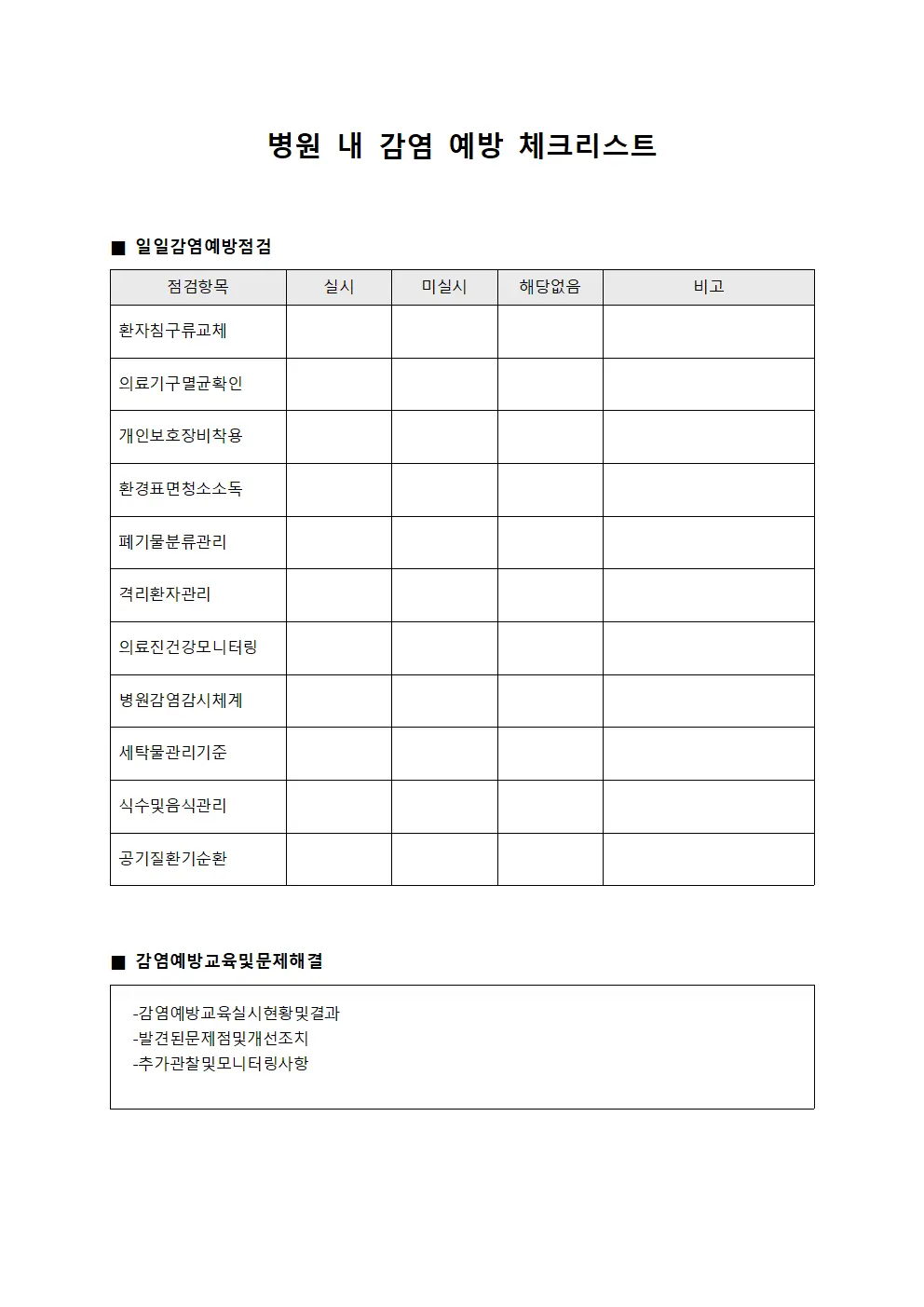 병원 내 감염 예방 체크리스트