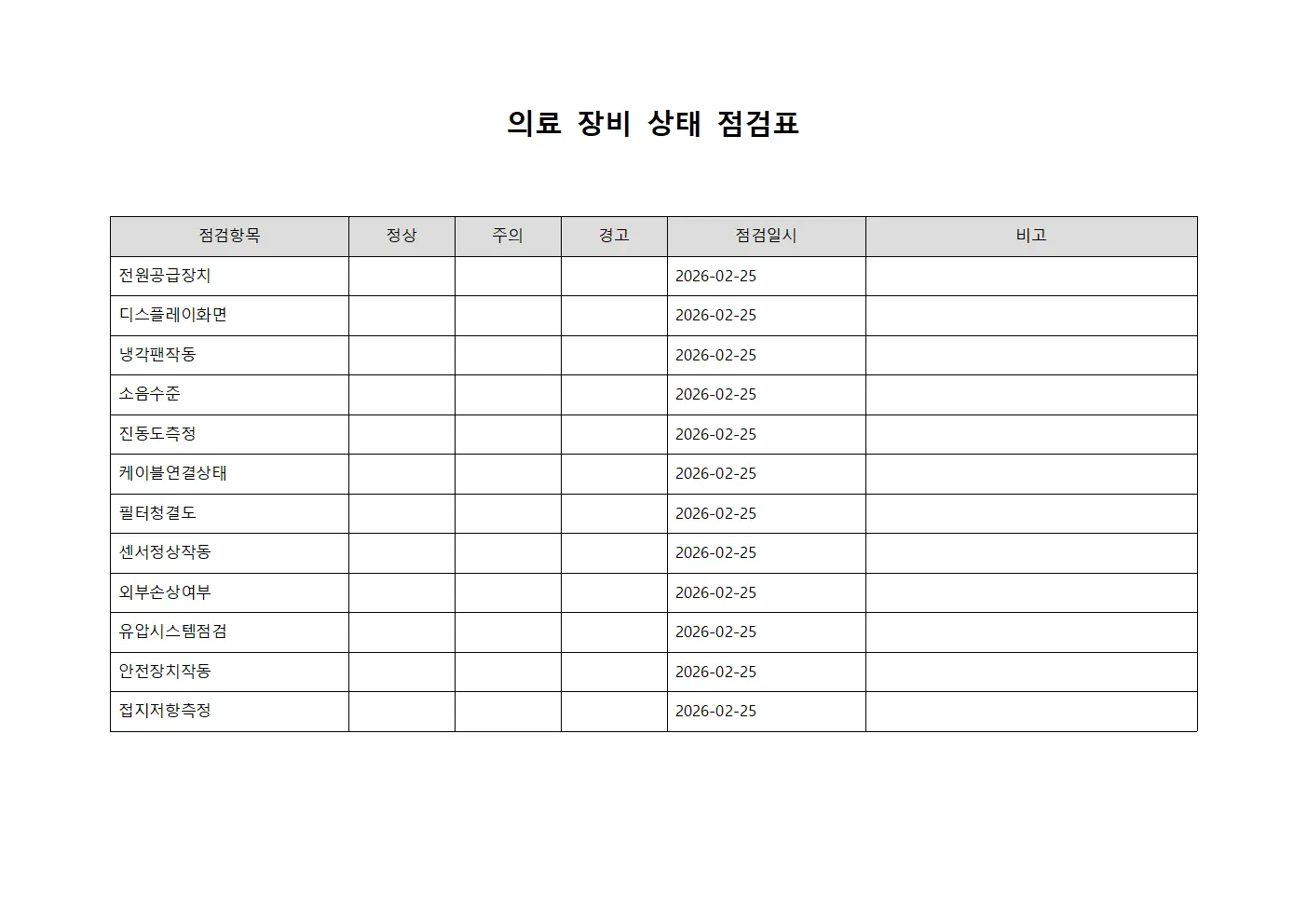 의료 장비 상태 점검표