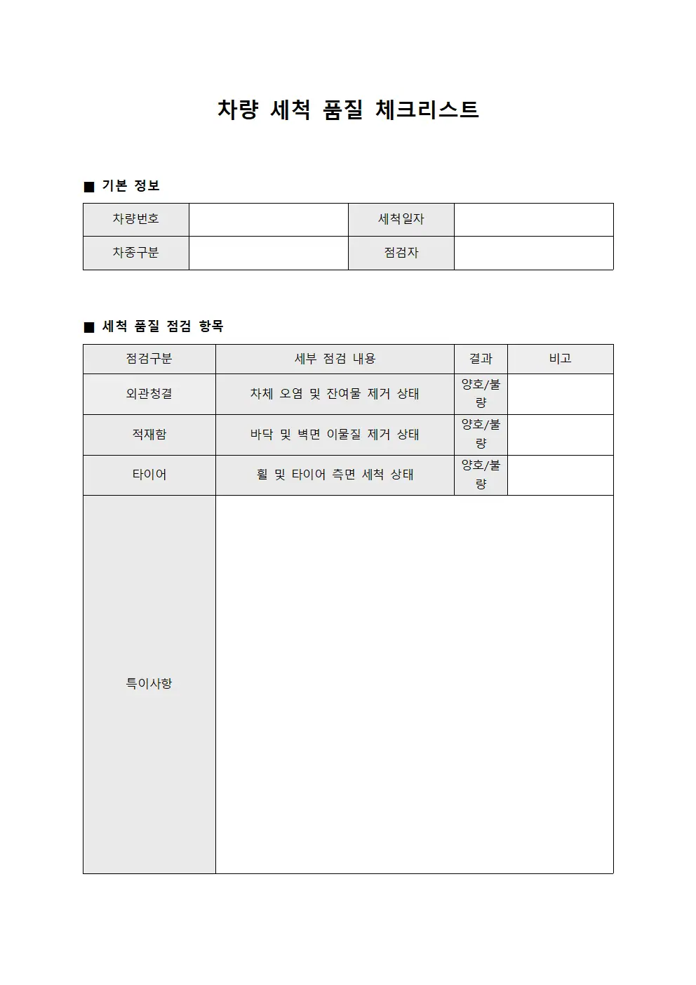 차량 세척 품질 점검표 문서양식