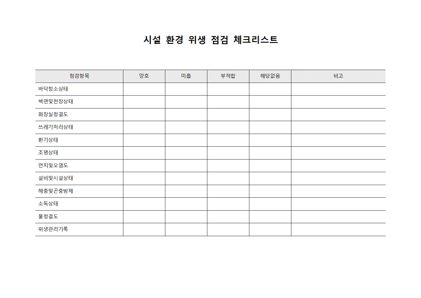 시설 환경 위생 점검 체크리스트